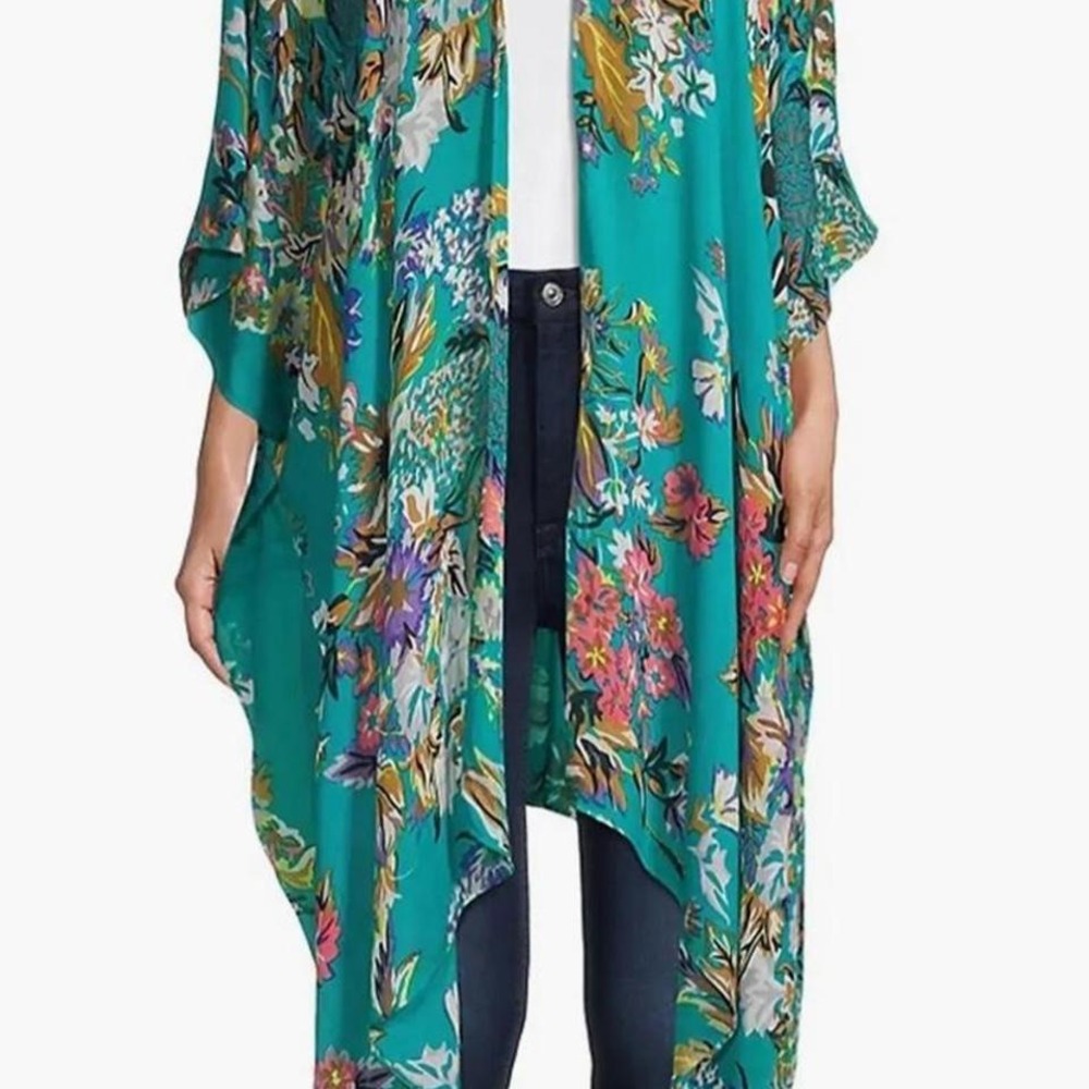 Saachi Teal Green Floral Kimono Wrap Open Front Oversized Cover Up One Size